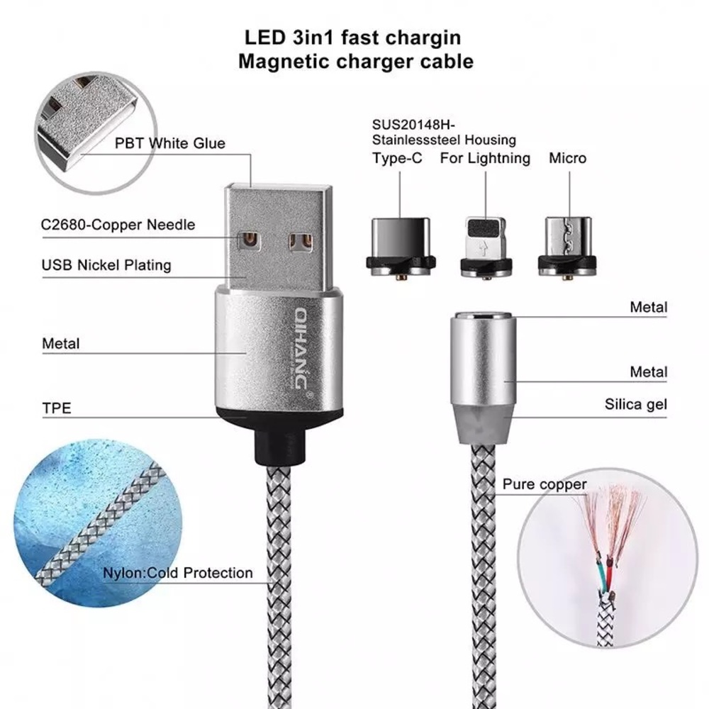 (3 Sets) 3 in 1 Magnetic Charging Cable